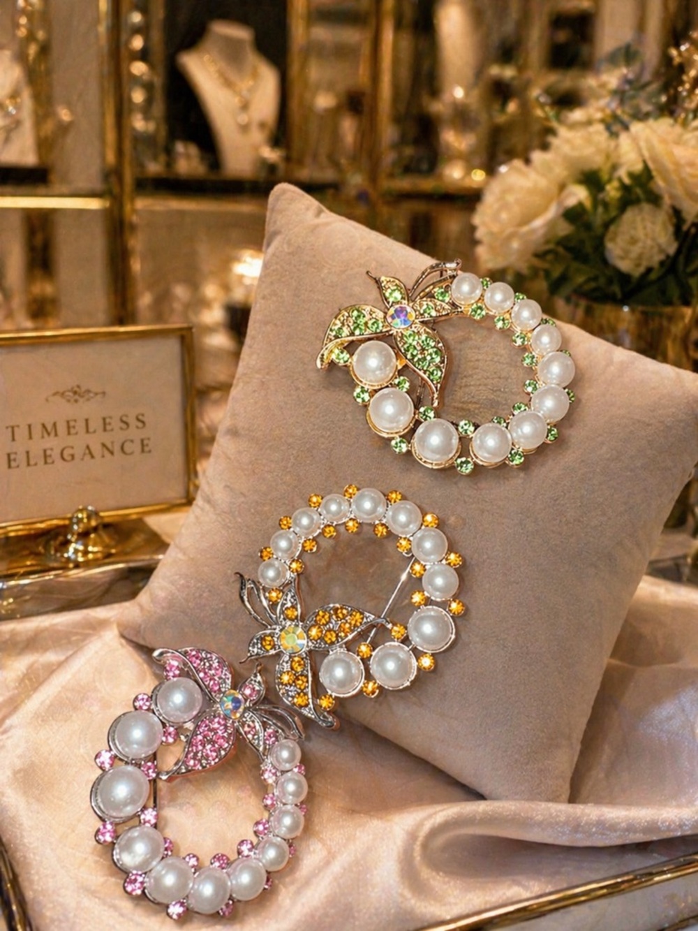 Elegant Pearl and Crystal Wreath Brooch (1)